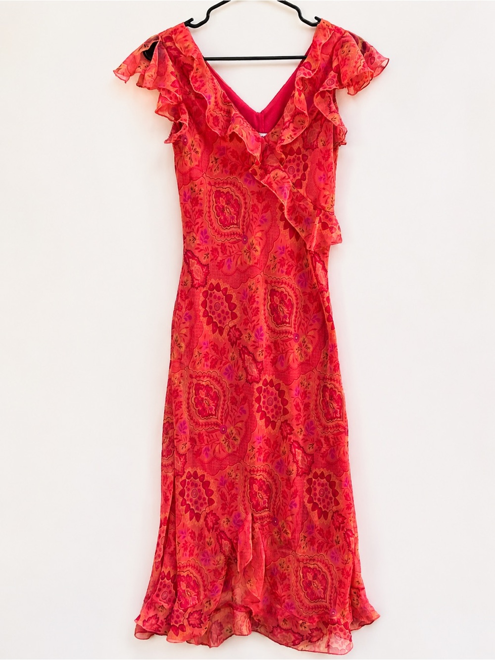 Alyn Paige Pink Floral Ruffle Chiffon Midi Dress Made in USA
